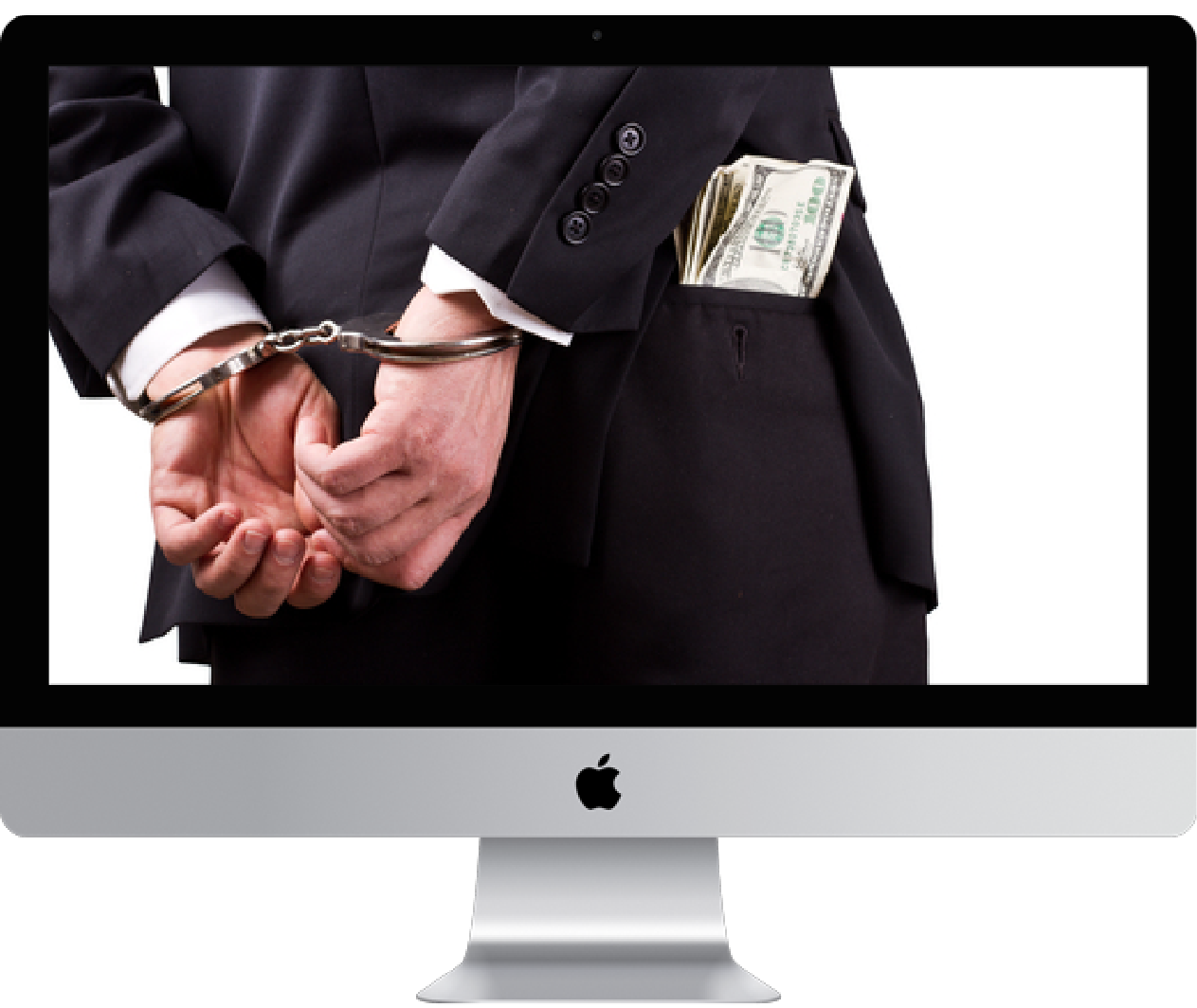 imac with person in hand cuffs and money in pocket